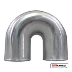 4 inch cast aluminum 180 degree U-bend elbow pipe with polished finish and tight 3.5 inch centerline radius. Raw uncoated aluminum construction allows easy welding and fabrication for turbocharger inlet piping, intercooler systems, charge pipes, intake tubing, and custom performance applications. Ideal for tight engine bay routing where a compact U-turn is required.