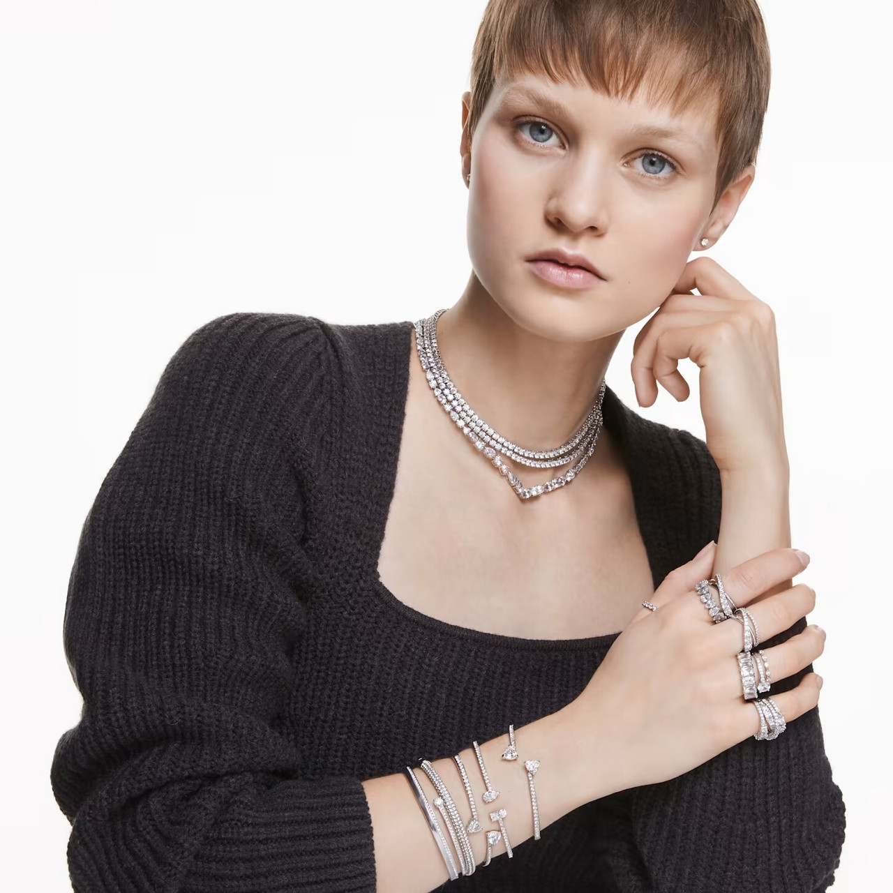Swarovski Tennis Deluxe Mixed V Necklace, White, Rhodium Plated