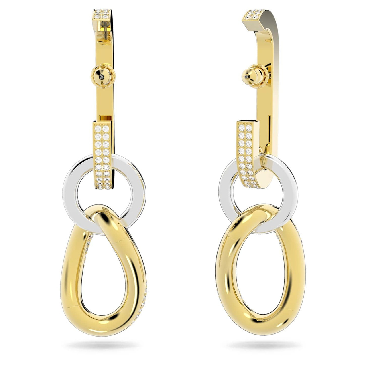 Dextera hoop earrings, Asymmetrical design, Interlocking loop, White,  Gold-tone plated