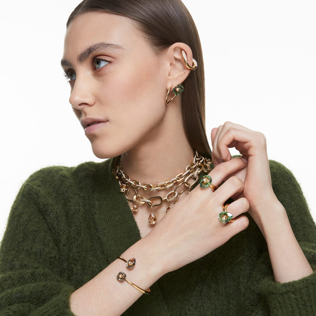 Numina Drop Earrings Asymmetrical, Medium, Green, Gold-Tone Plated