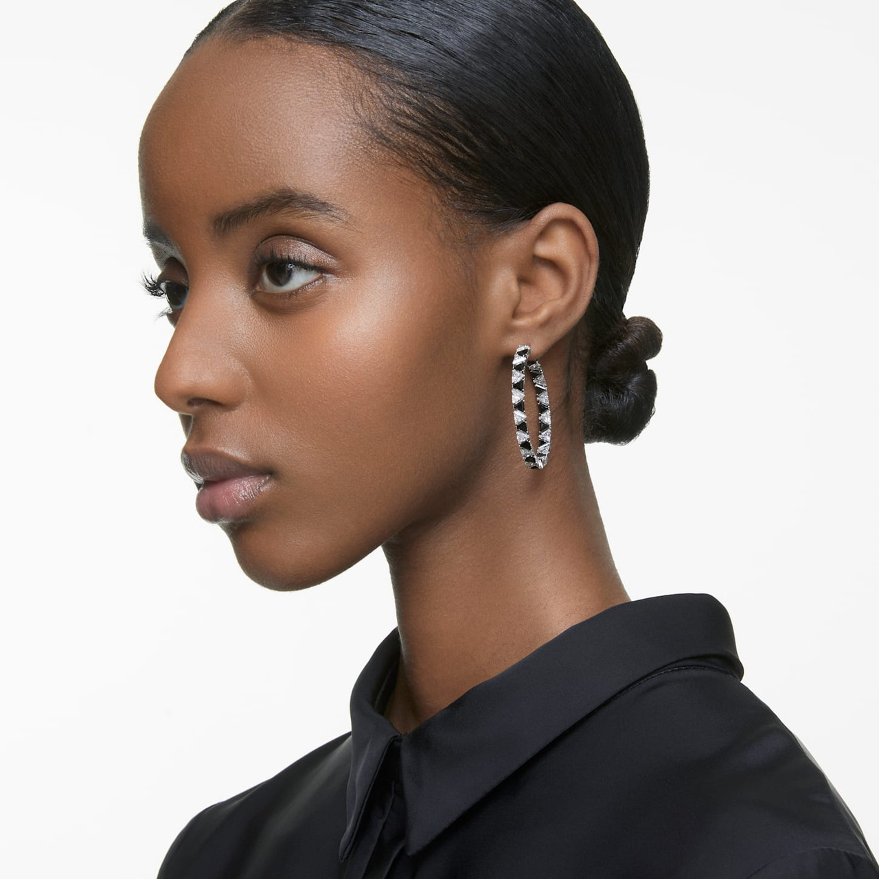 Millenia Hoop Earrings Triangle Zirconia, Black, Rhodium Plated