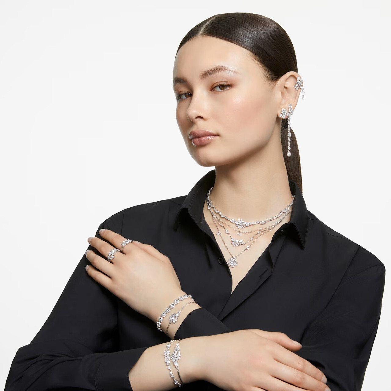口コミ サイト 商品 Gema Swarovski Layered Rhodium White, Flower, Necklace, 応援グッズ
