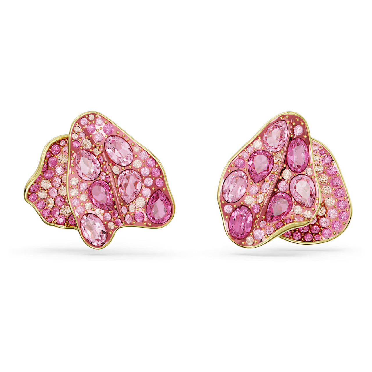 Florere Stud Earrings, Asymmetrical Design, Flower, Pink, Gold