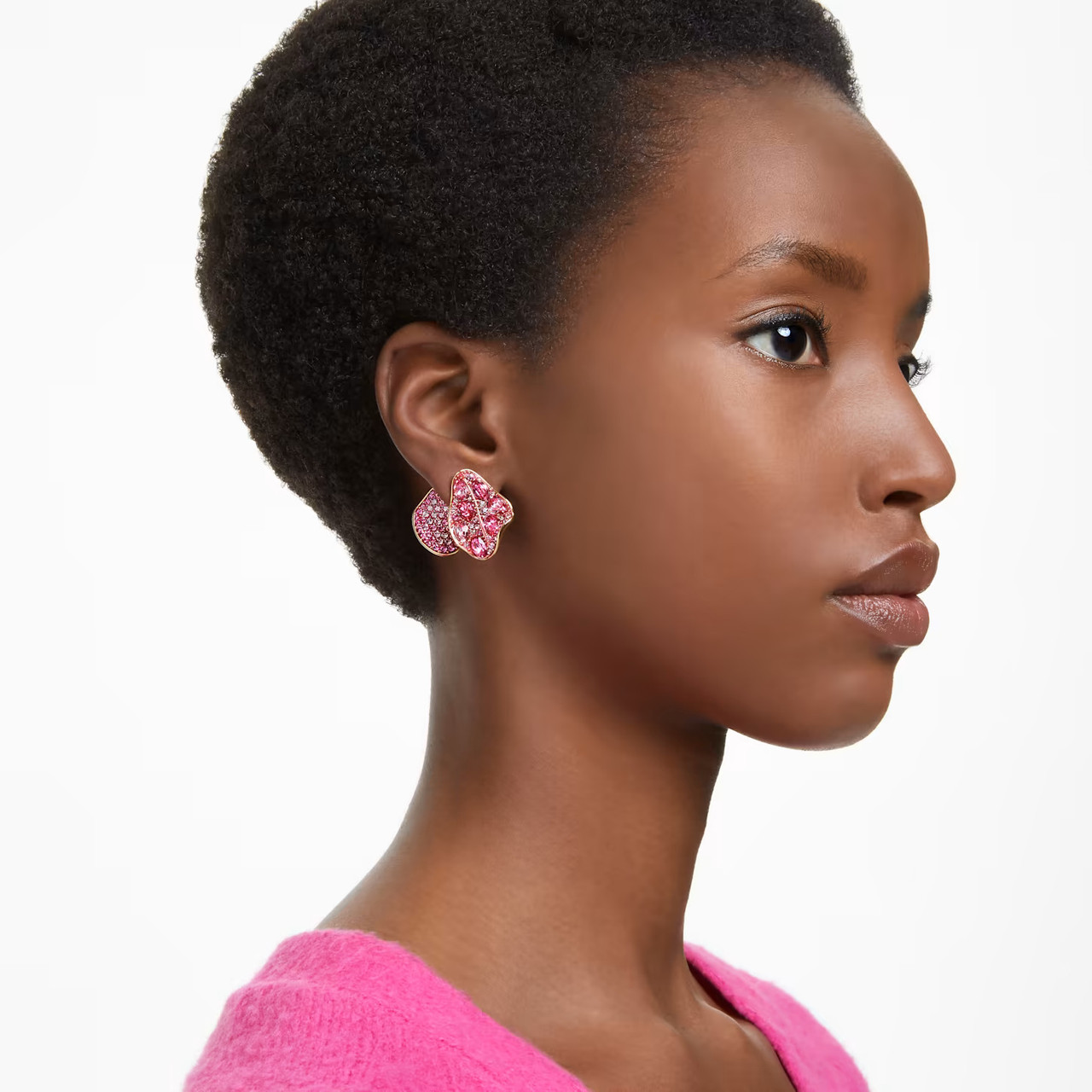 Florere Stud Earrings, Asymmetrical Design, Flower, Pink, Gold