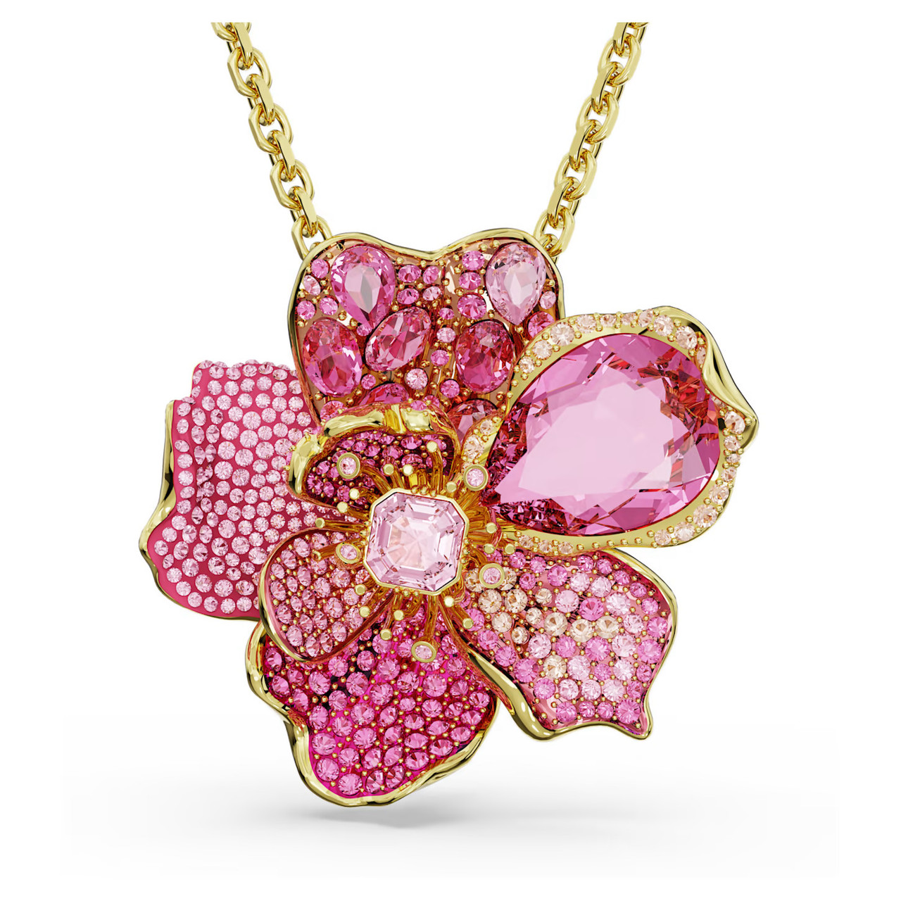 Florere Pendant and Brooch Pavé, Flower, Pink, Gold-Tone Plated
