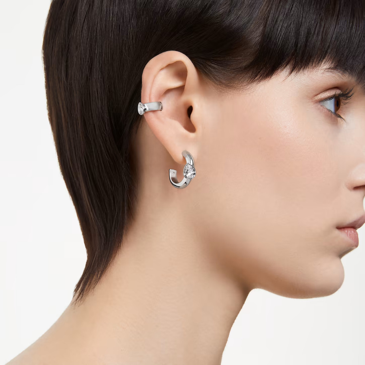 Dextera Hoop Earrings with Ear Cuff Set (3), Pear Cut, White