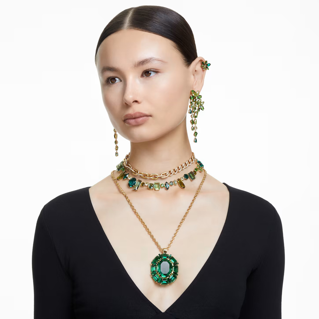 Gema Necklace, Mixed Cuts, Green, Gold-Tone Plated 5657388