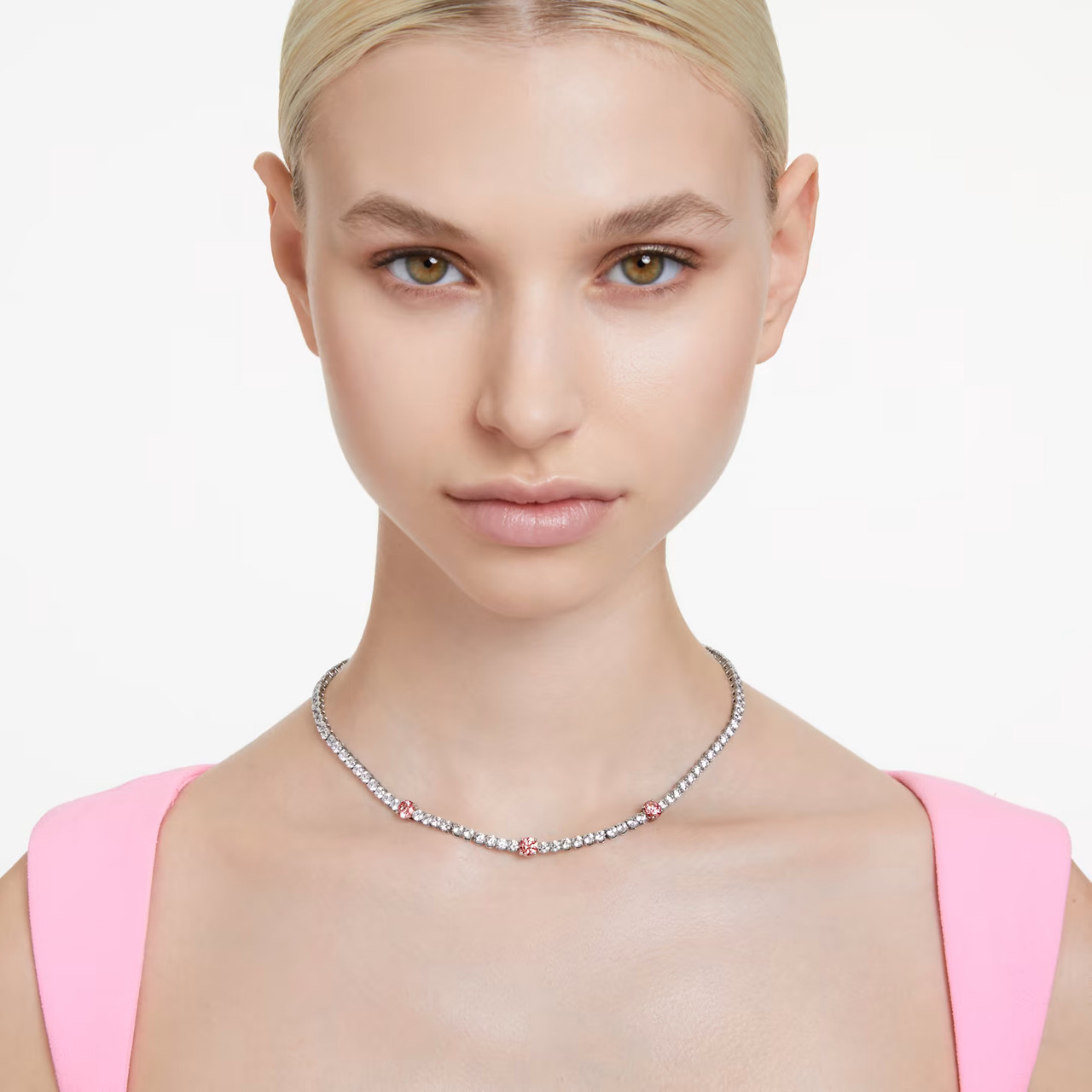 Matrix Tennis Necklace, Mixed Cuts, Pink, Rhodium Plated 5666165 | Swarovski