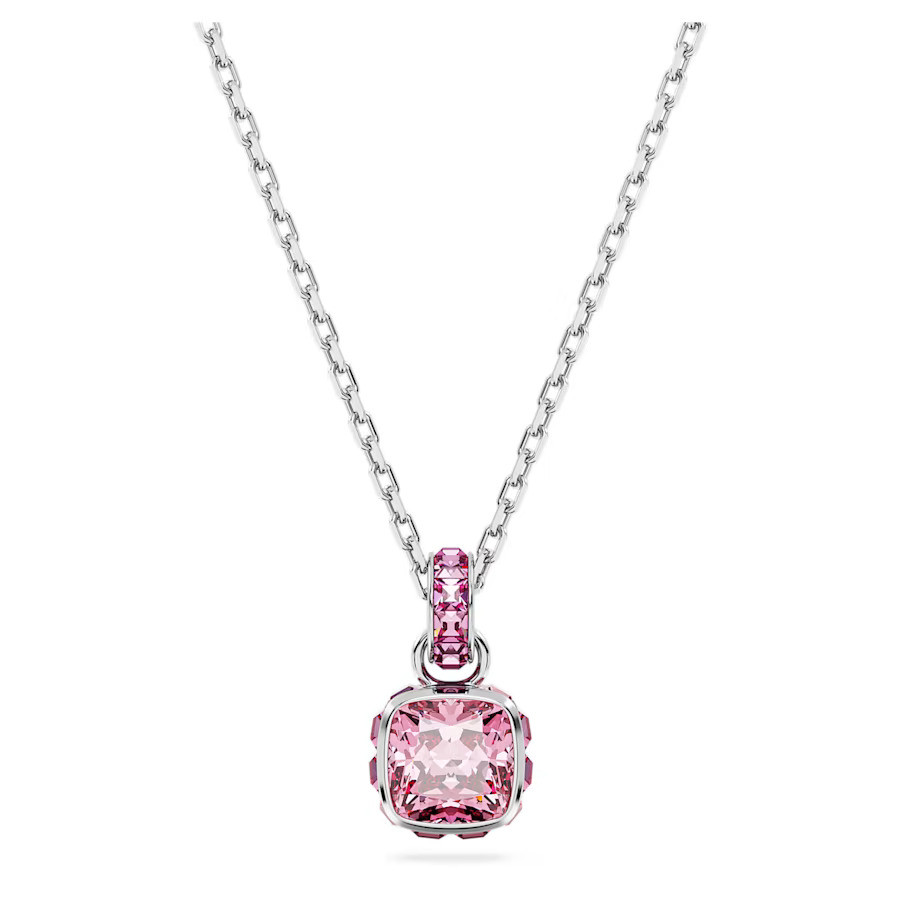 Birthstone Pendant, Square Cut, October, Pink, Rhodium Plated
