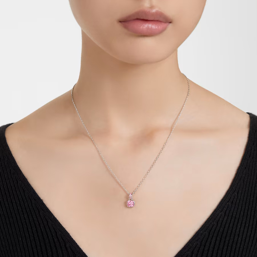 Birthstone Pendant, Square Cut, October, Pink, Rhodium Plated