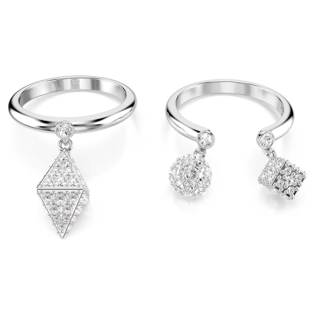 Dextera Ring Set (2), Sphere and Cube, White, Rhodium Plated