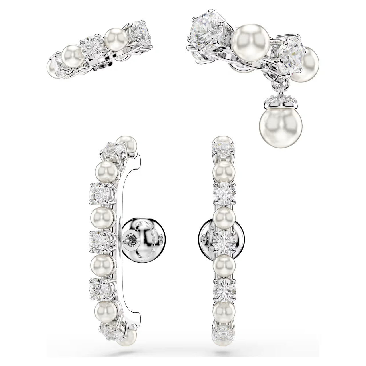 Matrix Ear Cuff Set (3), Crystal Pearl, Round Cut, White, Rhodium