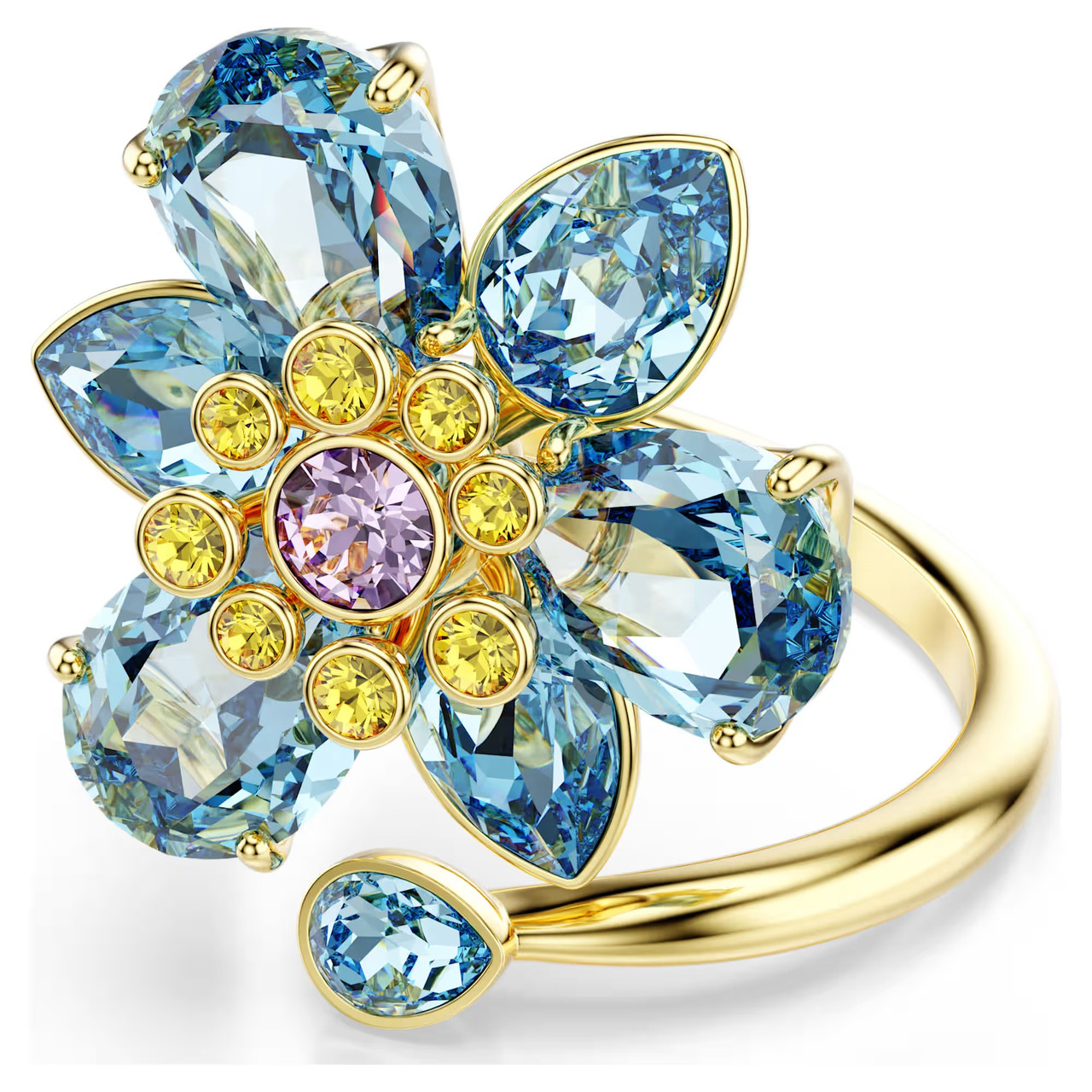 Idyllia Open Ring, Mixed Cuts, Flower, Blue, Gold Tone Plated