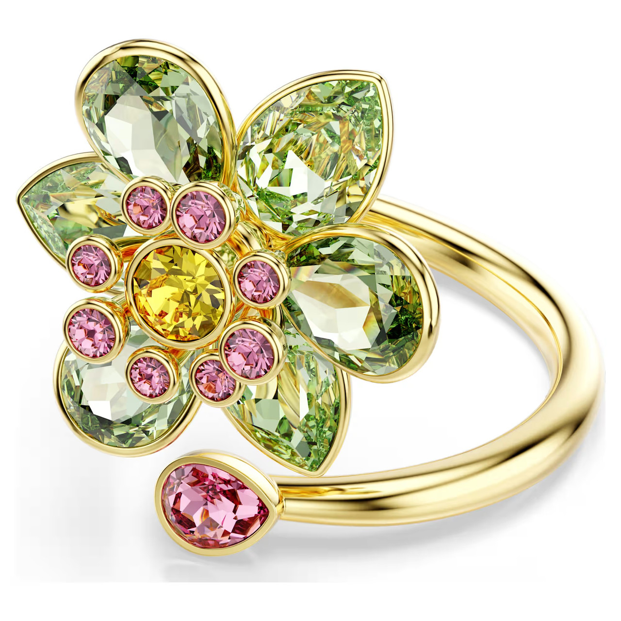 Idyllia Open Ring, Mixed Cuts, Flower, Green, Gold-Tone Plated