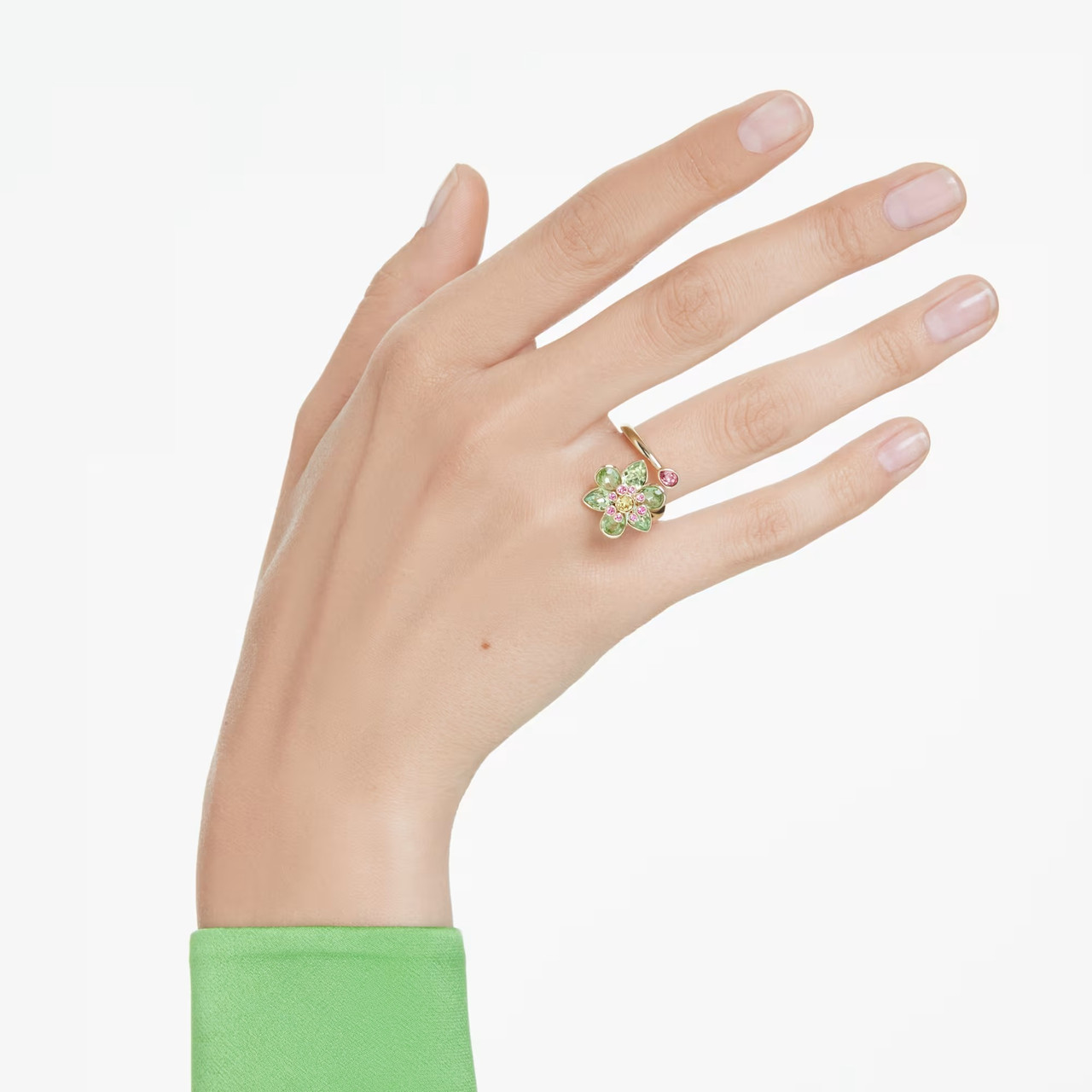 Idyllia Open Ring, Mixed Cuts, Flower, Green, Gold-Tone Plated