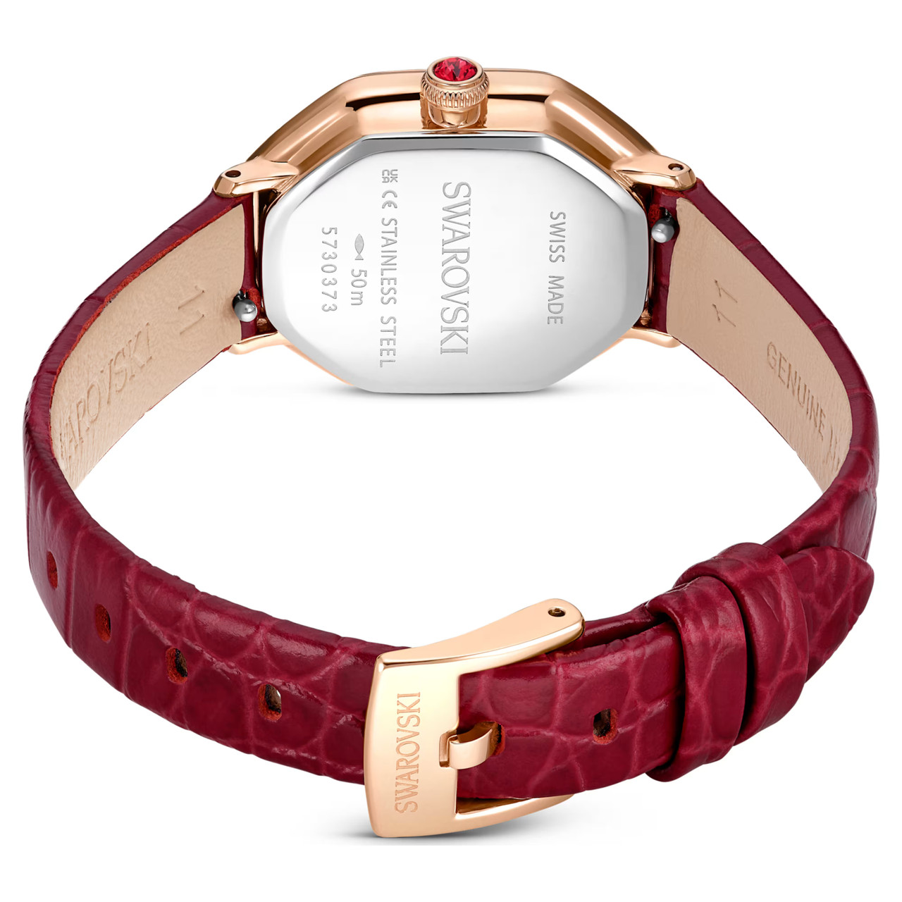 Dextera Octagon Watch, Swiss Made, Leather Strap, Red, Rose Gold