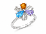 14K White Gold Multi-Gemstone Flower Diamond Ring