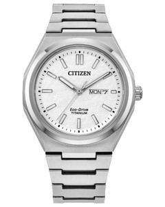 Eco Drive Men's Zenshin Three-Hand White Dial Super Titanium Bracelet Watch AW0130-85A | Citizen