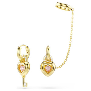 idyllia-drop-earrings-with-ear-cuff--mixed-cuts--heart-with-key--pink--gold-tone-plated-swarovski-5737294-1