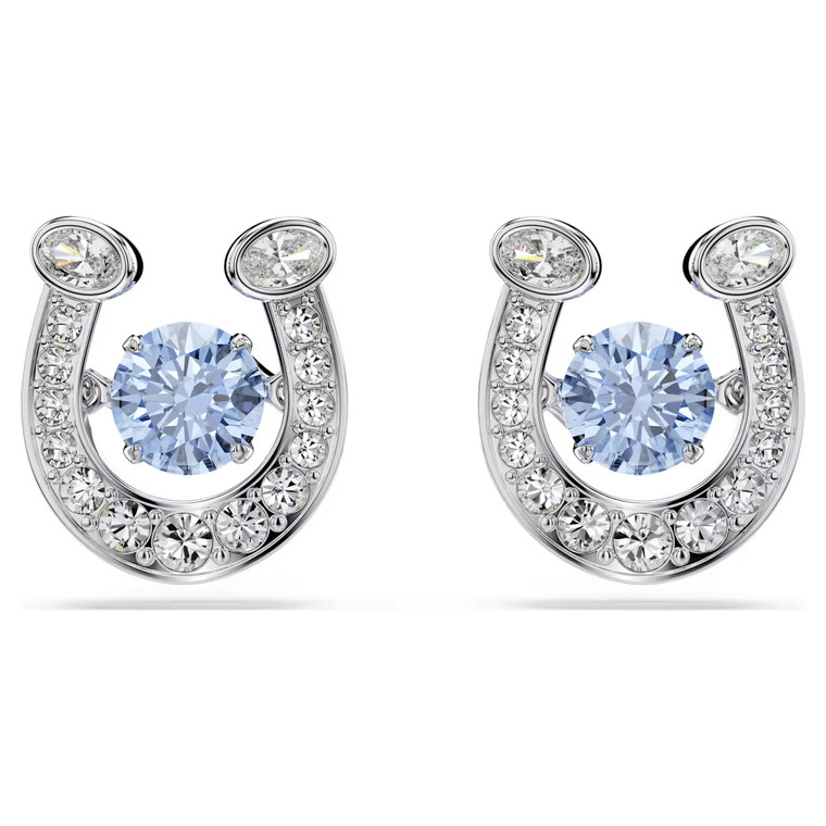 Symbolica Stud Earrings, Round Cut, Pavé, Horse Shoe, Blue, Rhodium Plated 5746563 | Swarovski