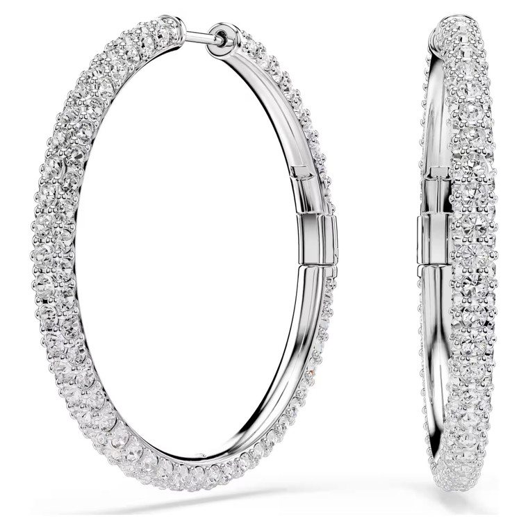 Dextera Hoop Earrings, Round Cut, White, Rhodium Plated 5754156 | Swarovski