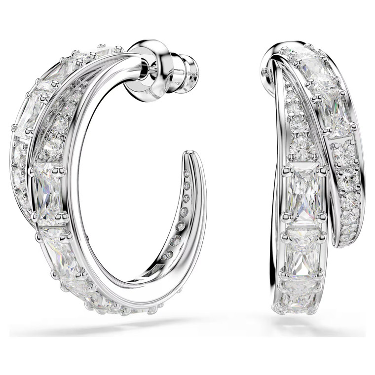 Vienna Hoop Earrings, Mixed Cuts, White, Rhodium Plated 5749069 | Swarovski