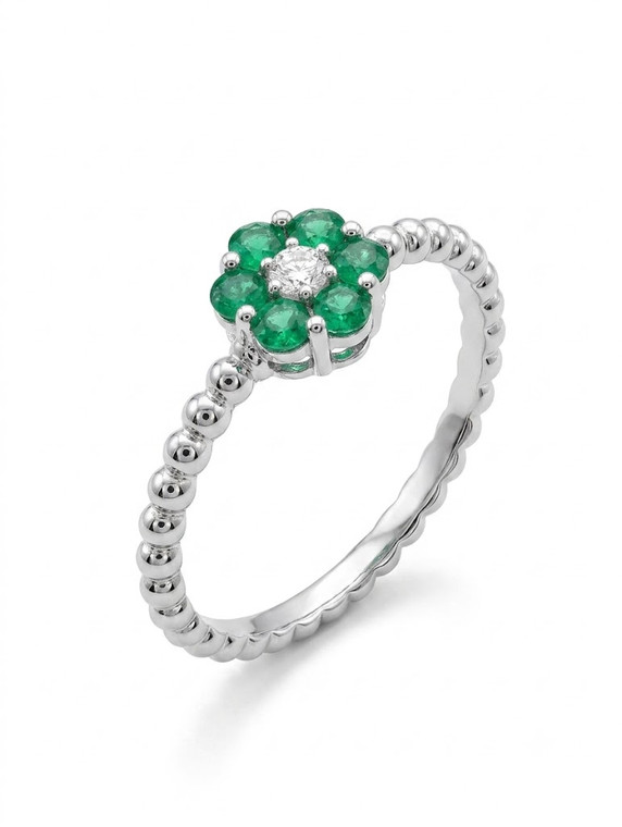 18K Gold Bead Emerald Flower Ring