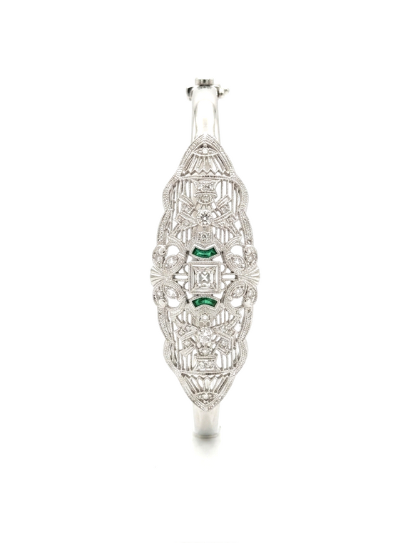Intricate Vintage Style Bangle With Diamonds and Emeralds