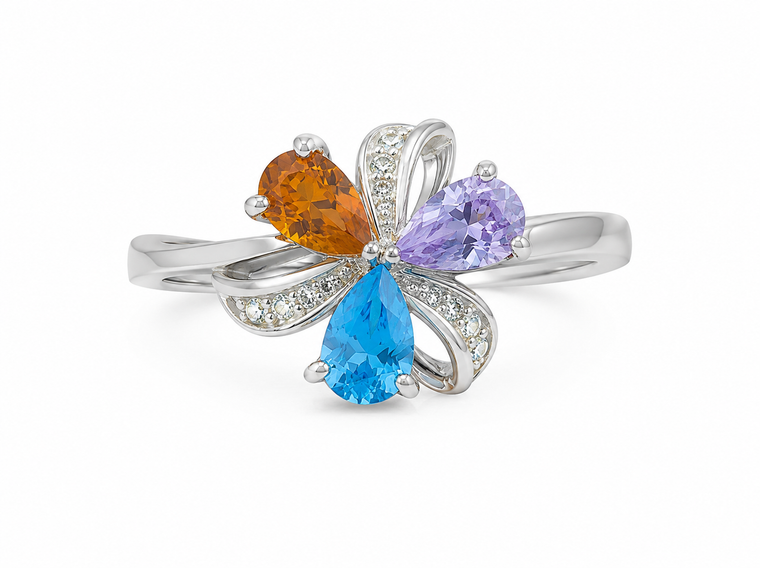 14K White Gold Multi-Gemstone Flower Diamond Ring