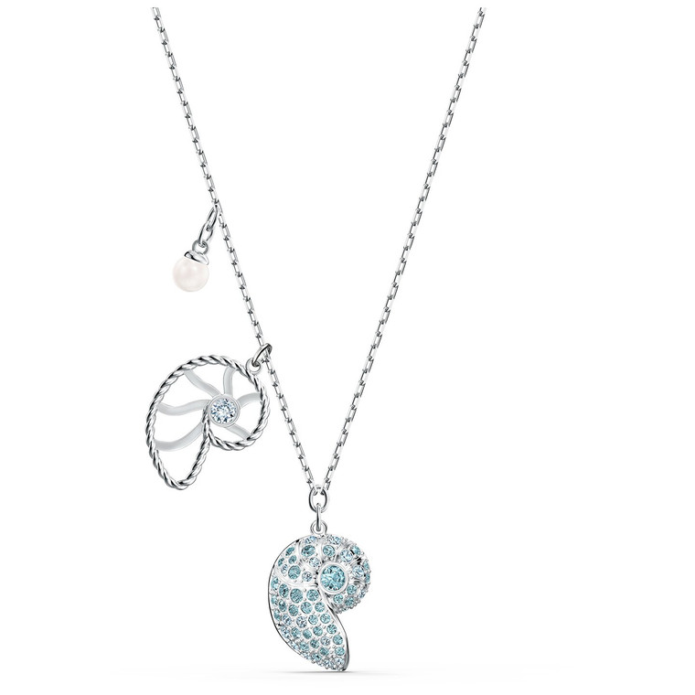 Swarovski Crystal Shell Nautilus Pendant, Aqua, Rhodium Plated 5520669