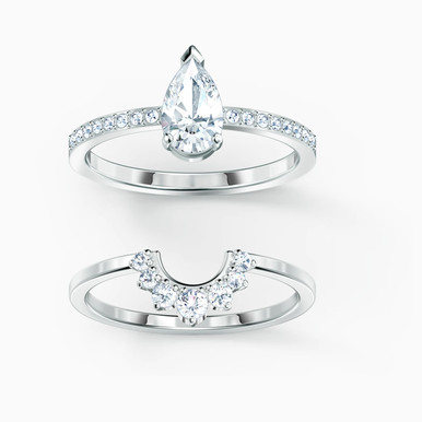 Swarovski Crystal Attract Pear Ring Set, White, Rhodium Plated