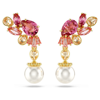 Gema Drop Earrings, Mixed Cuts, Crystal Pearls, Flower, Pink, Gold-Tone ...
