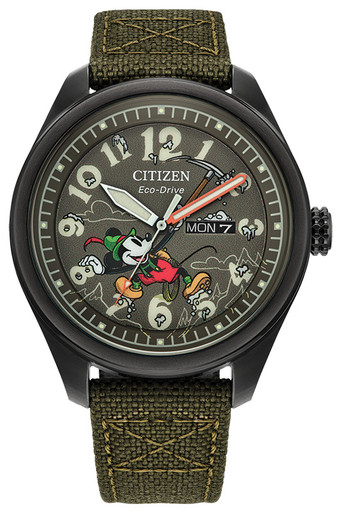 Eco Drive Men's Alpine Mickey Mouse Green Dial Cordura Strap Watch