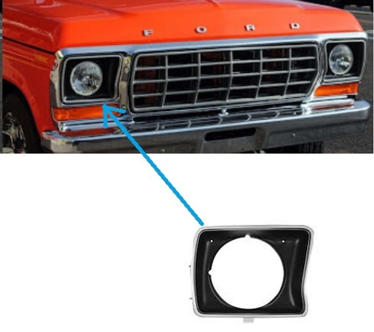 1978 Ford PU, Bronco Argent Black Headlight Door, Round Style Bulb RH, ea.