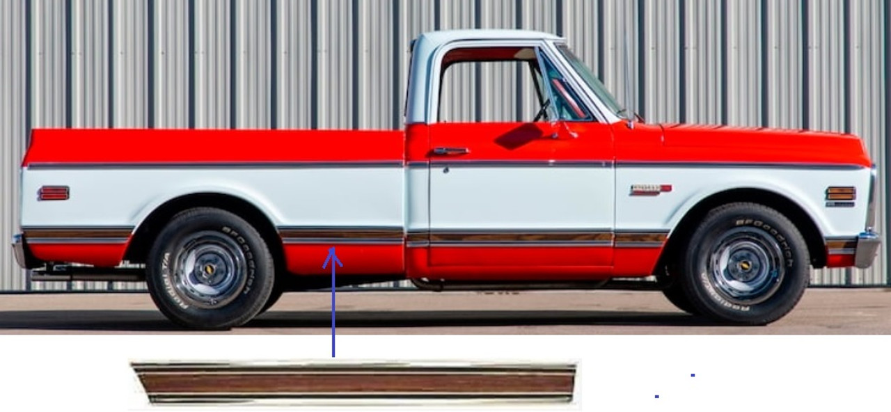 1969-72 Chevy, GMC Truck Bedside Lower Molding In Front of Wheel. Longhorn, Woodgrain Insert (includes clips) RH, ea.