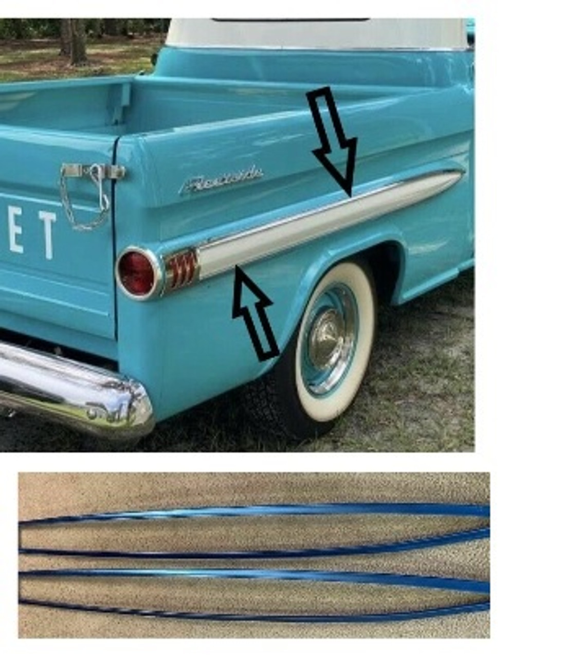 1958-59 Chevy Truck Shortbed Fleetside Bedside Stainless Moldings,  4pc Does Both Sides