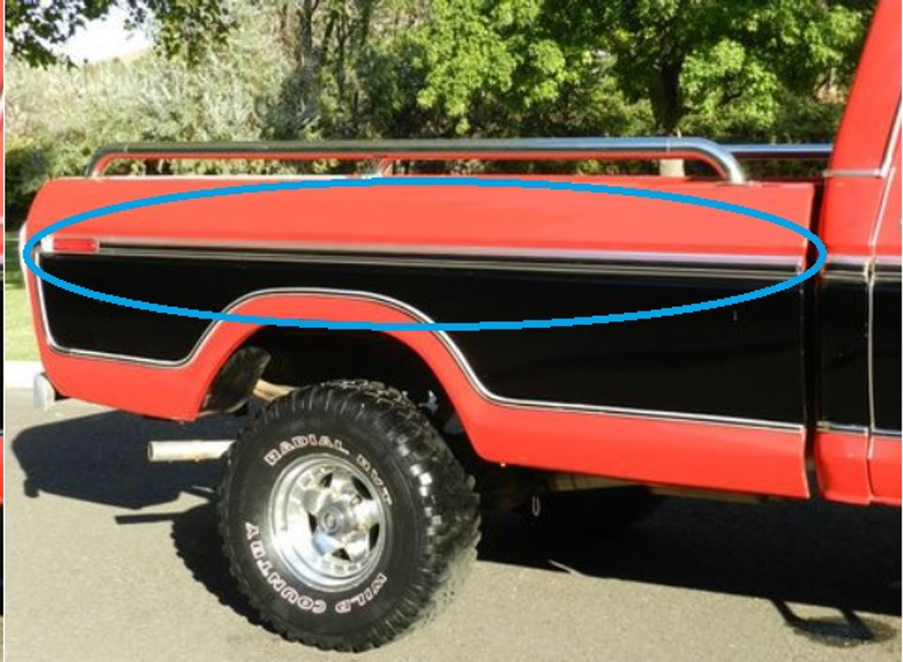 1977-79 Ford Truck Shortbed Upper Bed Side Molding RH, ea. (with Race Trac Style)(Original Tooling)