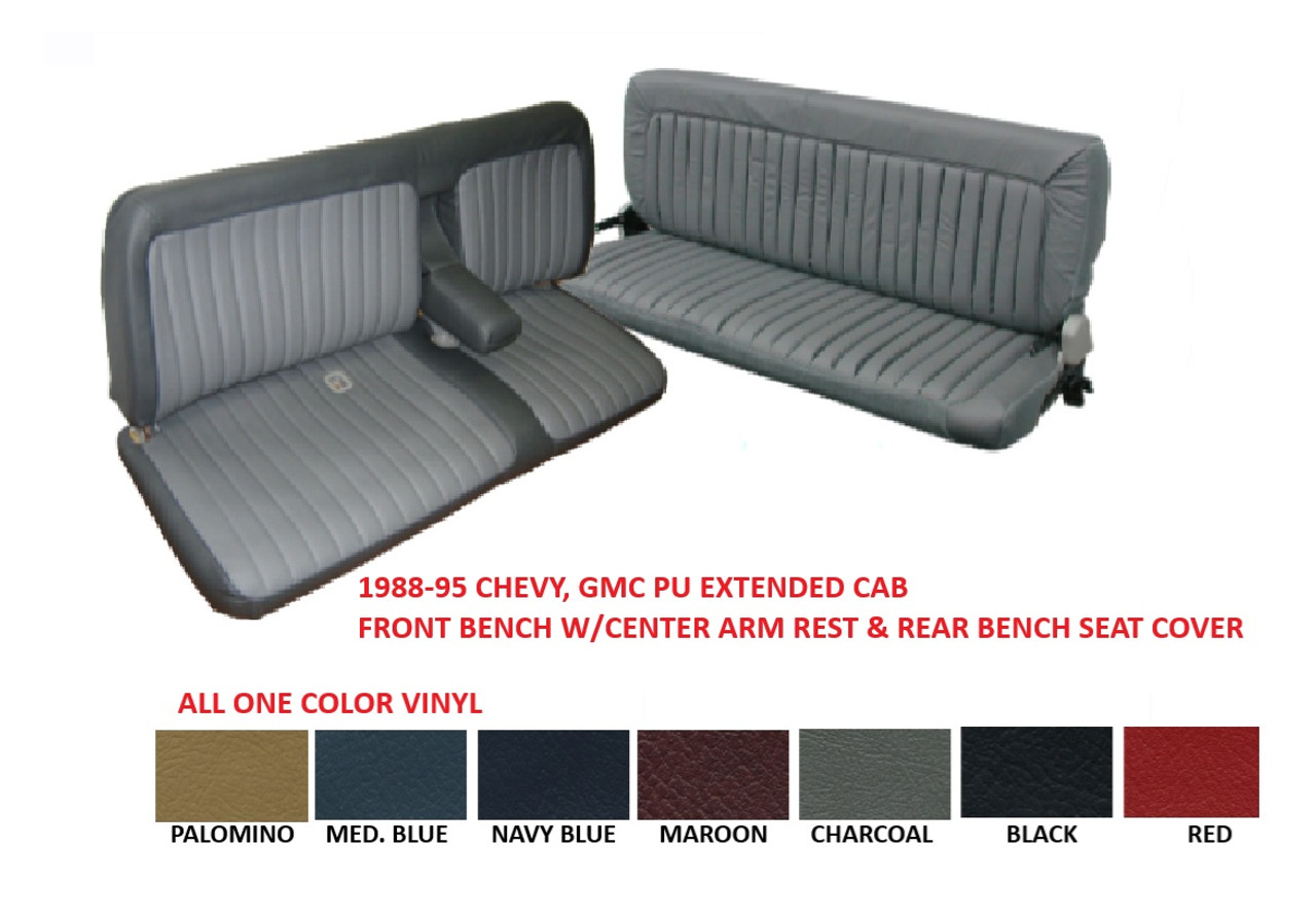 1988-95 Chevy Truck Extended Cab Vinyl Seat Cover Set - Front Bench w/ Center Arm Rest and Rear Bench One Color