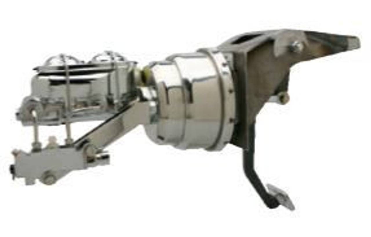 1955-59 Chevy/GMC Chrome Firewall Power Brake Booster Kit. (Disc/Drum)(booster, firewall bracket & pedal, clevis, push rod, master cylinder, proportioning vale, and side mount bracket kit)