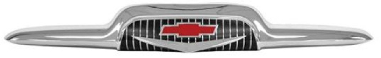 Front Hood Emblem, V8 Chrome w/ Black Painted Details and Red Bow Tie. Fits 1956 Chevy Pickup.