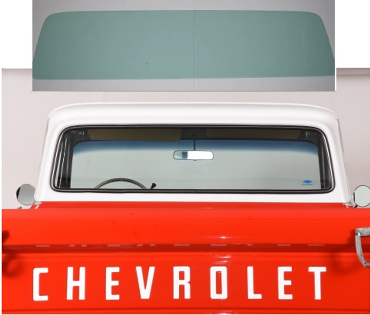 Large Back Glass, Green Tint, Fits 1960-66 Chevy and GMC Pickup.