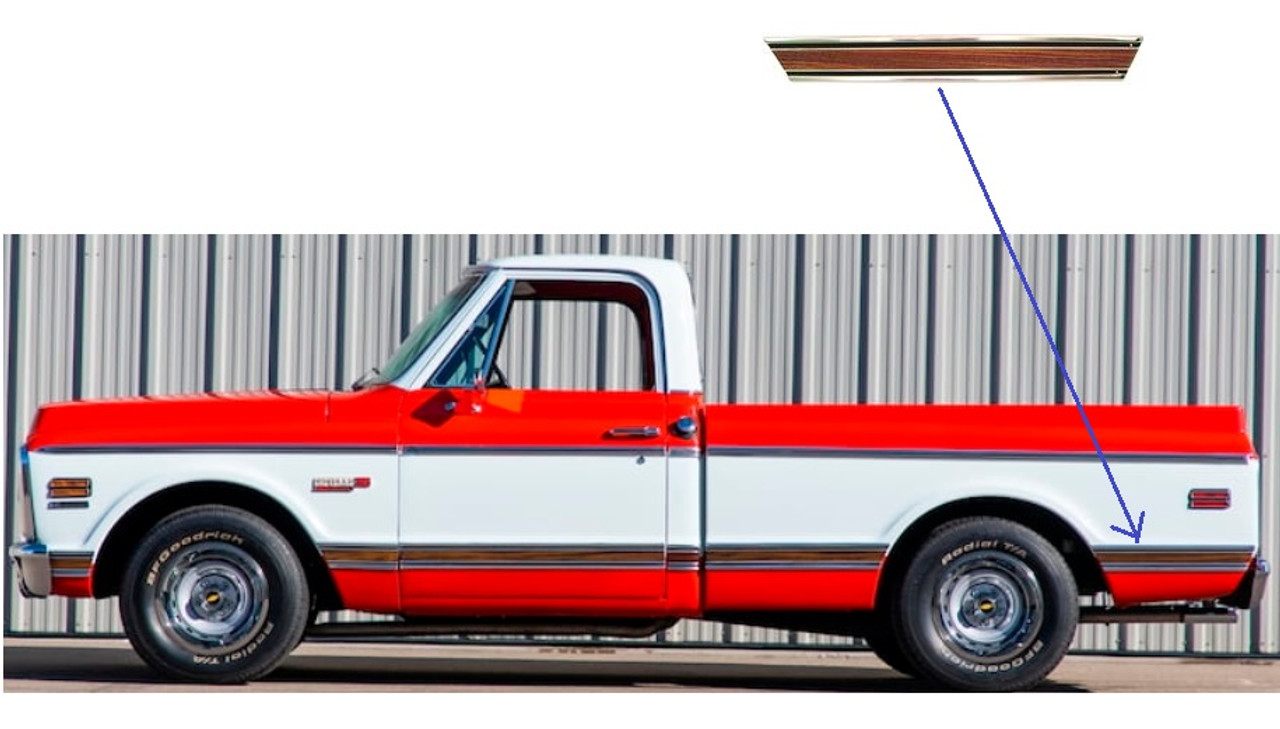1969-72 Chevy/GMC Truck Bedside Lower Molding Rear of Wheel. Longbed, Woodgrain Insert (includes clips) LH, ea.