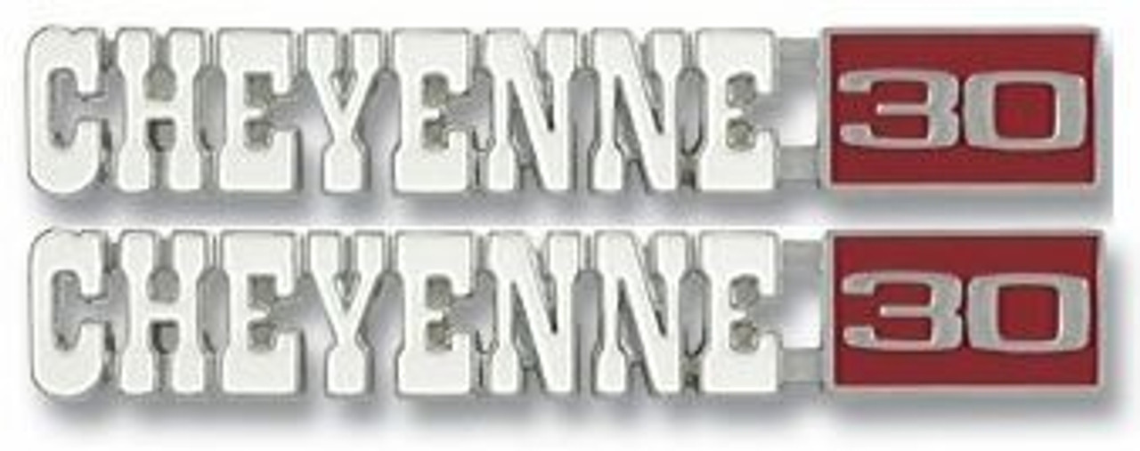1971-72 Chevy Truck Fender Side Emblem "CHEYENNE/30" with fasteners, pr.