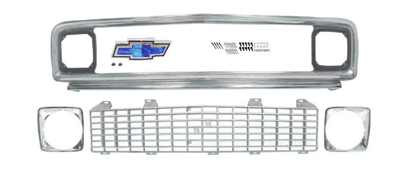 71-72 Grille Kit. Includes: Grey Inner and Outer Grille, Headlamp Bezels, Bow-Tie Emblem, and Mounting Kit.