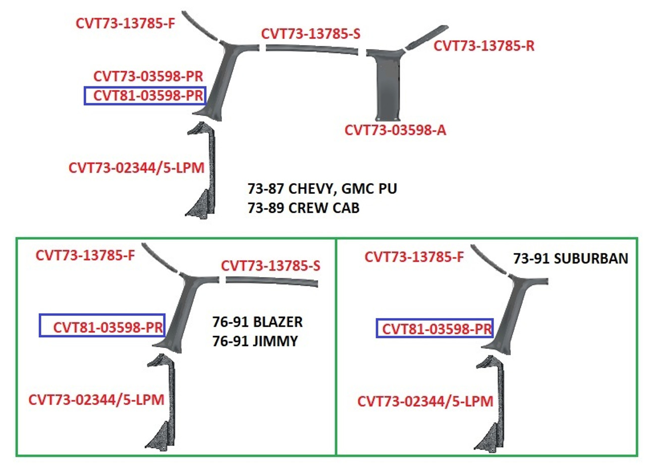 Interior Pillar Post Moldings. Fit 1981-87 Chevy GMC Truck & 1981-91 1 ton, Blazer, Suburban, pr.