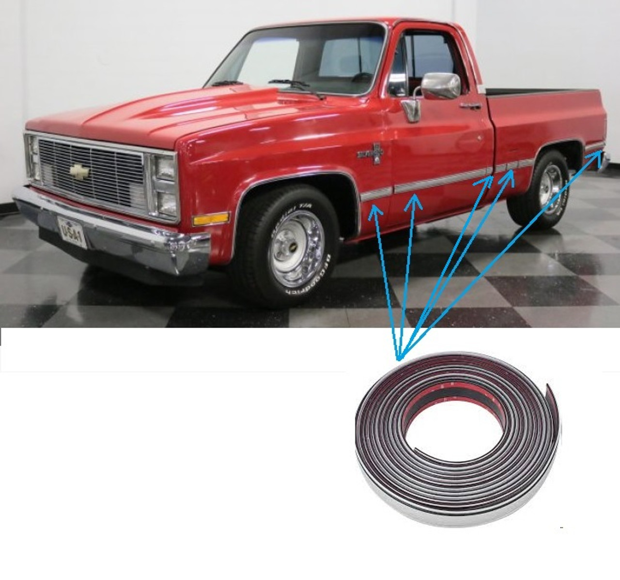 Short Bed Body Side Molding Kit Lower 1981-87 Chevy GMC PU. (Cut To Fit)