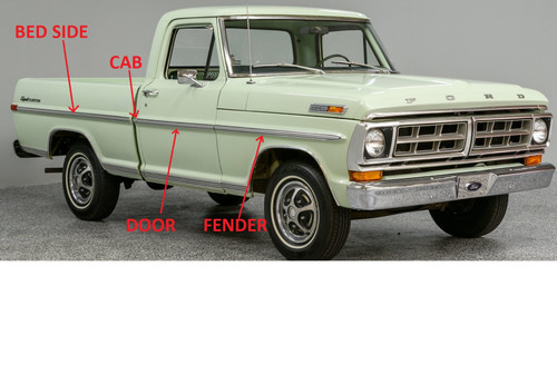 1970-72 Ford Truck Short Upper Bedside Molding, ea. (fits LH or RH)(Styleside, Fleetside)