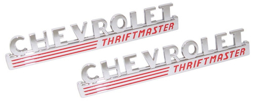 1947-48 Chevy Truck Hood Side Emblems "Chevrolet Thriftmaster" pr. (w/fasteners)