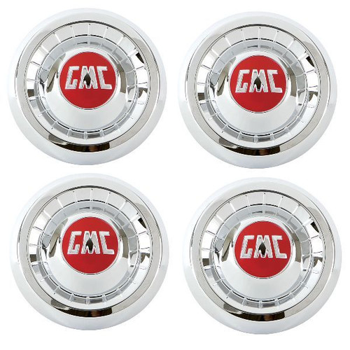 Hub Cap 1955-59 GMC 1/2 Ton Pickup Stainless with Red Painted Details 4pc Set