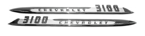 1955 2nd Ser. Chevy Truck Fender Side Emblems "Chevrolet 3100", pr. (chrome with white painted details)(w/fasteners)